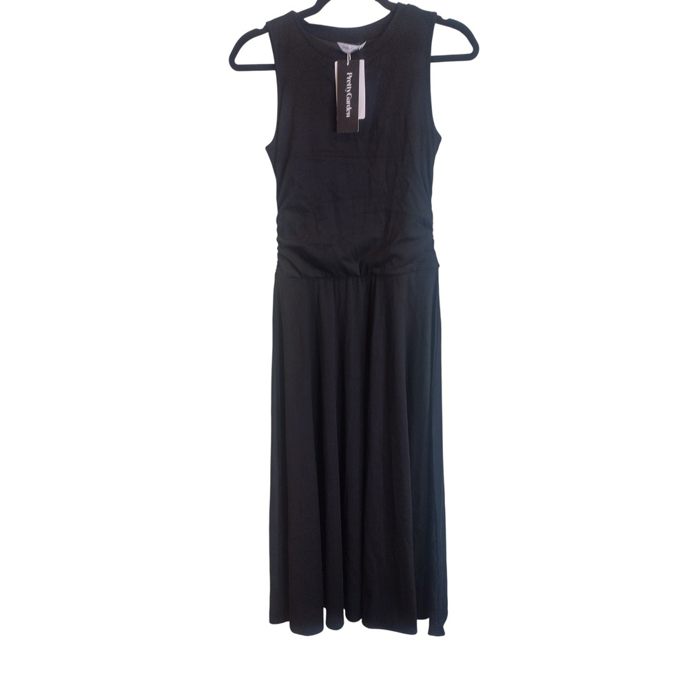 PrettyGarden Black Sleeveless Ruched Waist Midi A-Line Dress Small NWT